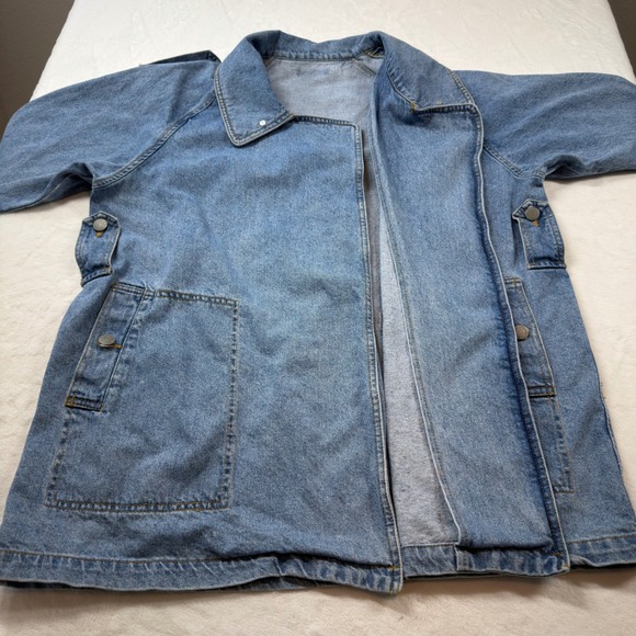 Forever 21 Premium Denim Jacket Women XL Blue Good Asymmetrical Utility Boxy - Picture 6 of 12